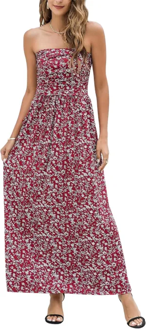 Womens Strapless Graceful Floral Party Maxi Dress