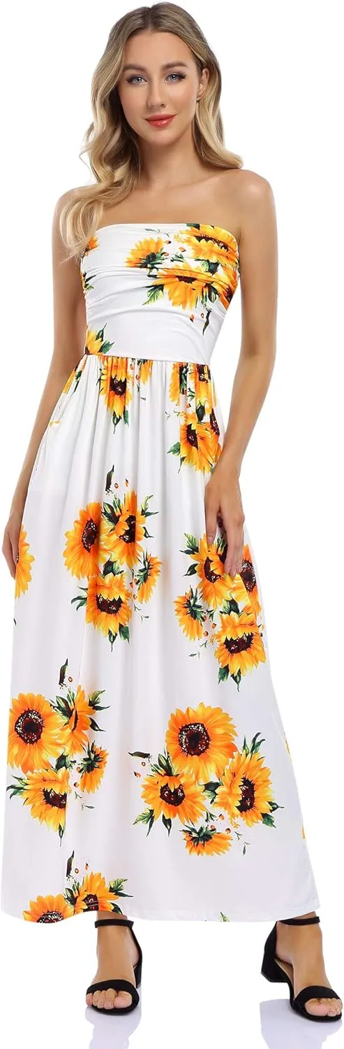 Womens Strapless Graceful Floral Party Maxi Dress
