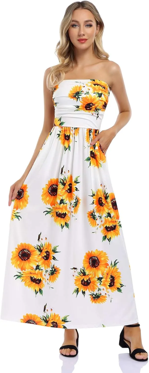 Womens Strapless Graceful Floral Party Maxi Dress