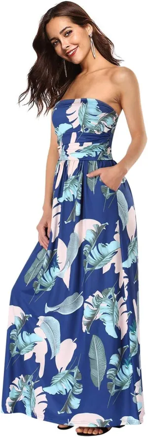 Womens Strapless Graceful Floral Party Maxi Dress