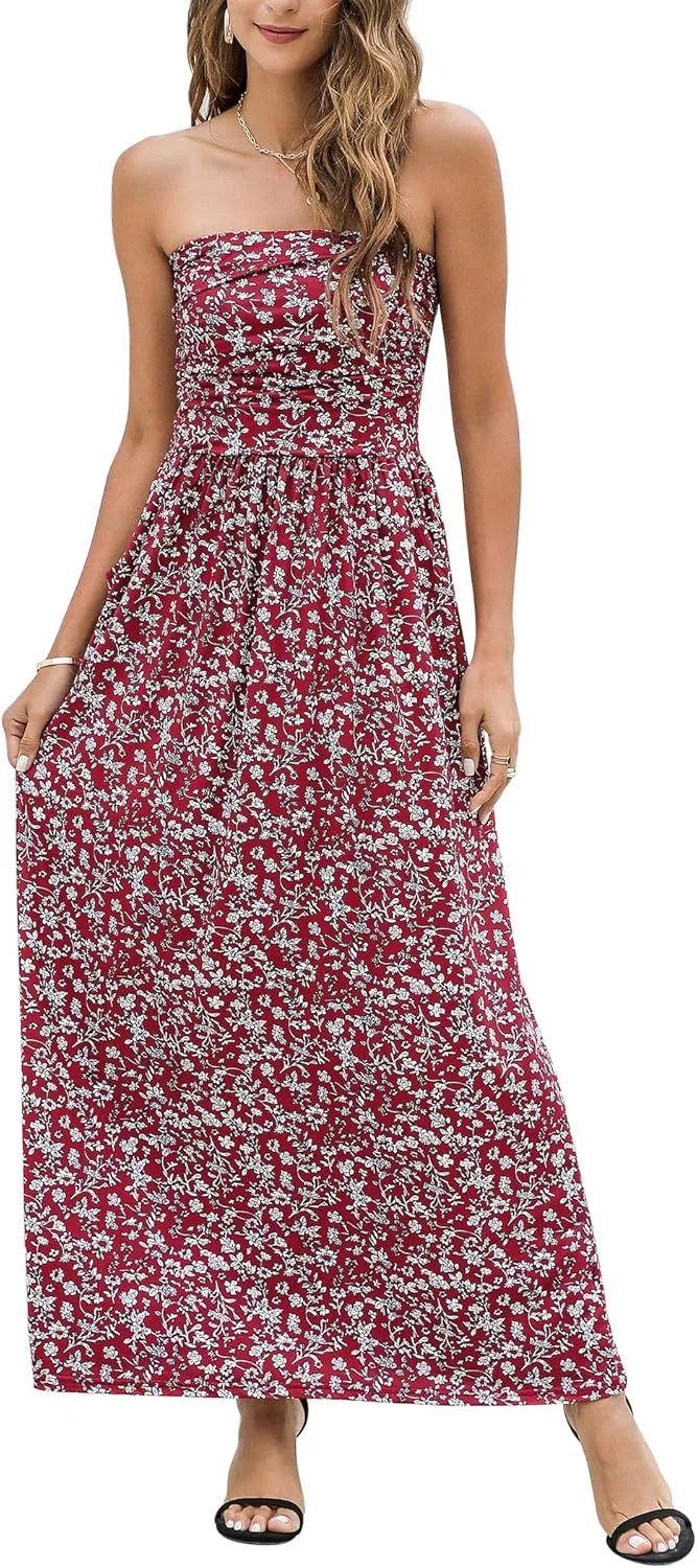 Womens Strapless Graceful Floral Party Maxi Dress