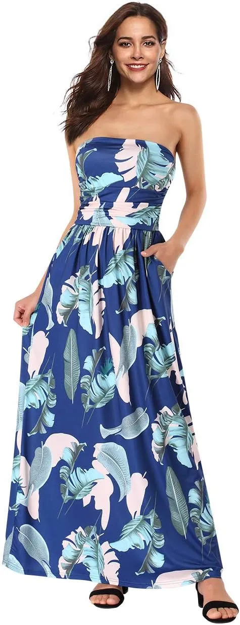Womens Strapless Graceful Floral Party Maxi Dress