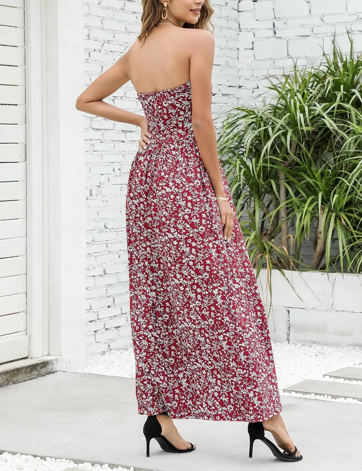 Womens Strapless Graceful Floral Party Maxi Dress