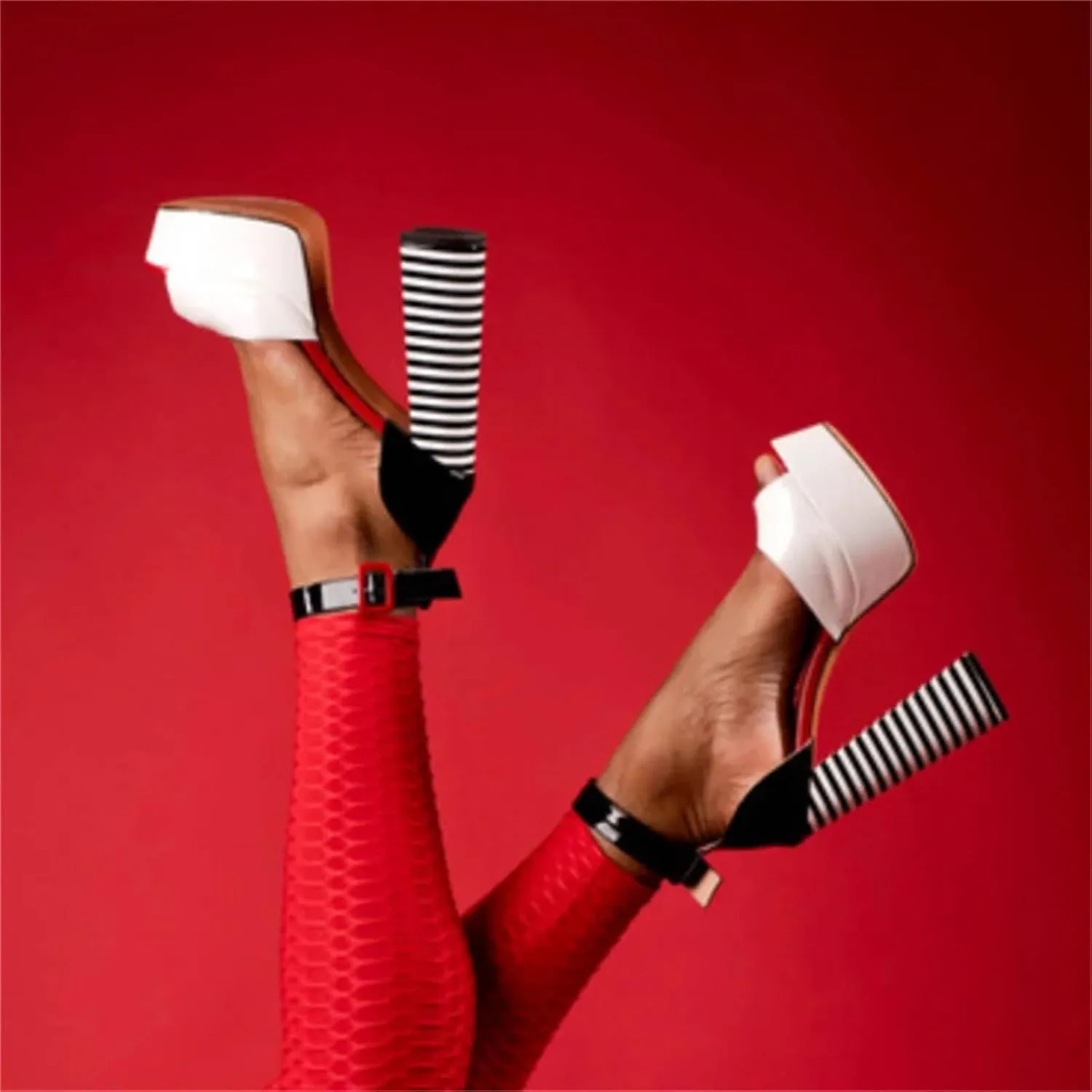 Women's Striped Platform Sandals - Chunky Square Heel Party Shoes