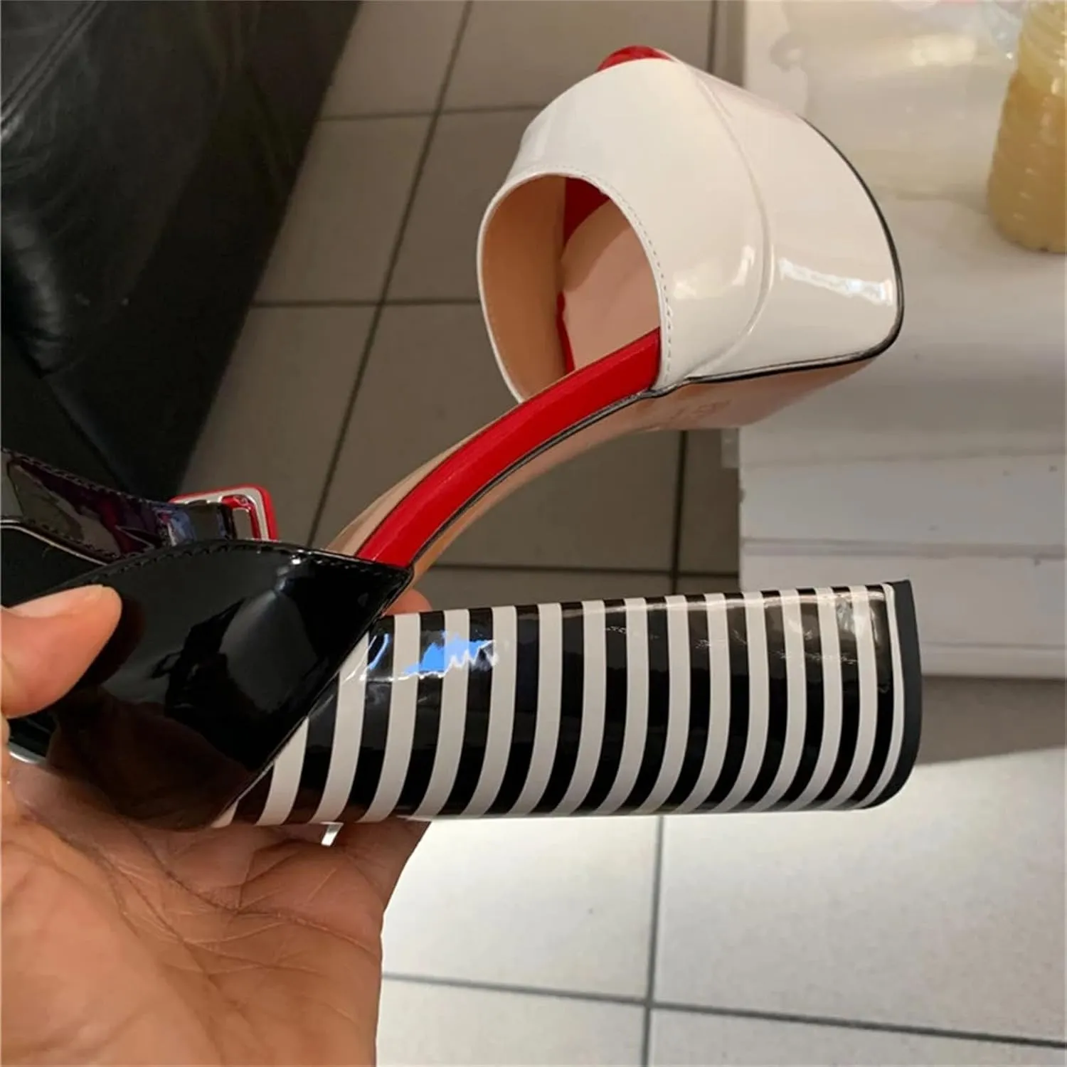 Women's Striped Platform Sandals - Chunky Square Heel Party Shoes