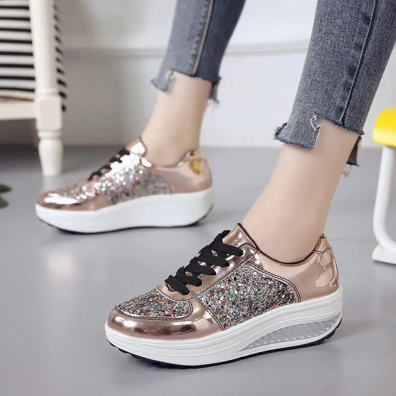 Women's Stylish Glitter Tennis Sneakers, Slip-on, Women's Comfortable Crystal Glitter Breathable Lace-up Walking Dress Shoes.Thick Sole Sneakers for Women