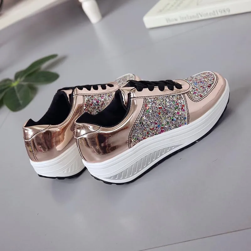 Women's Stylish Glitter Tennis Sneakers, Slip-on, Women's Comfortable Crystal Glitter Breathable Lace-up Walking Dress Shoes.Thick Sole Sneakers for Women