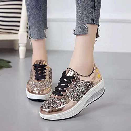 Women's Stylish Glitter Tennis Sneakers, Slip-on, Women's Comfortable Crystal Glitter Breathable Lace-up Walking Dress Shoes.Thick Sole Sneakers for Women