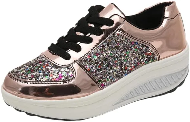 Women's Stylish Glitter Tennis Sneakers, Slip-on, Women's Comfortable Crystal Glitter Breathable Lace-up Walking Dress Shoes.Thick Sole Sneakers for Women