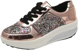Women's Stylish Glitter Tennis Sneakers, Slip-on, Women's Comfortable Crystal Glitter Breathable Lace-up Walking Dress Shoes.Thick Sole Sneakers for Women