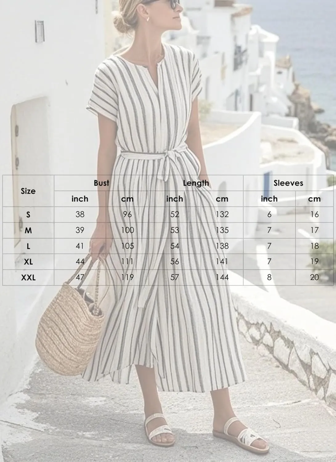 Women's Summer Dress Striped V-Neck Short Sleeve Flowy Casual Beach Vacation Midi Dress with Pockets