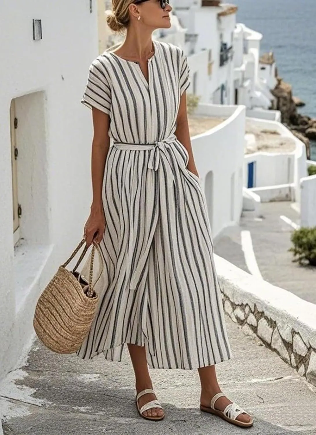 Women's Summer Dress Striped V-Neck Short Sleeve Flowy Casual Beach Vacation Midi Dress with Pockets