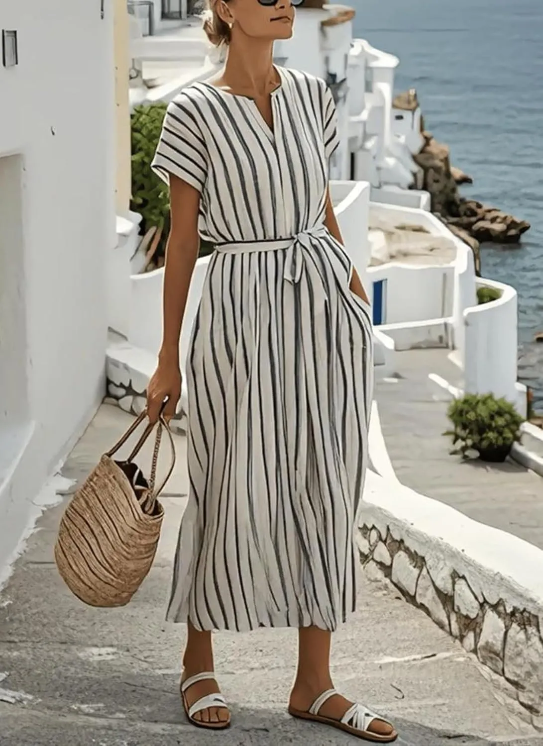 Women's Summer Dress Striped V-Neck Short Sleeve Flowy Casual Beach Vacation Midi Dress with Pockets