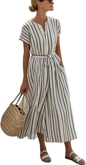 Women's Summer Dress Striped V-Neck Short Sleeve Flowy Casual Beach Vacation Midi Dress with Pockets