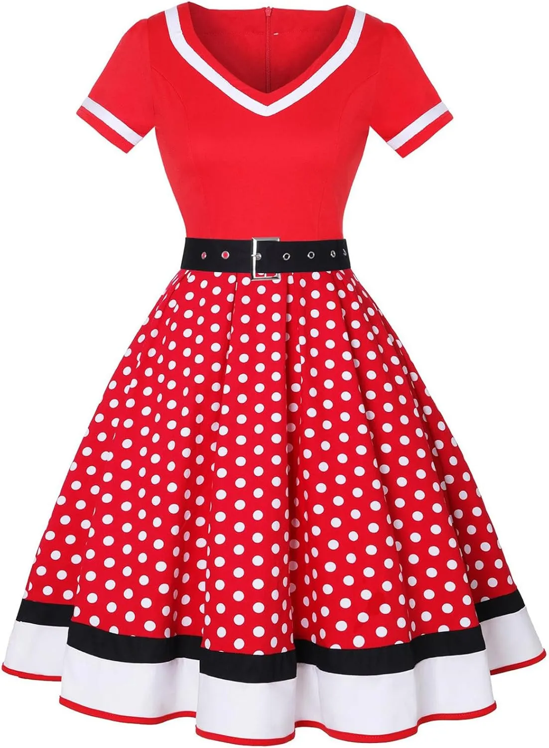 Womens Vintage Dresses 1950s Rockabilly A Line Crewneck Short Sleeve Swing Dress Polka Dots Cocktail Dress with Belt