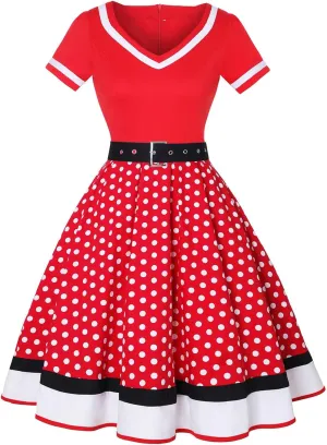 Womens Vintage Dresses 1950s Rockabilly A Line Crewneck Short Sleeve Swing Dress Polka Dots Cocktail Dress with Belt