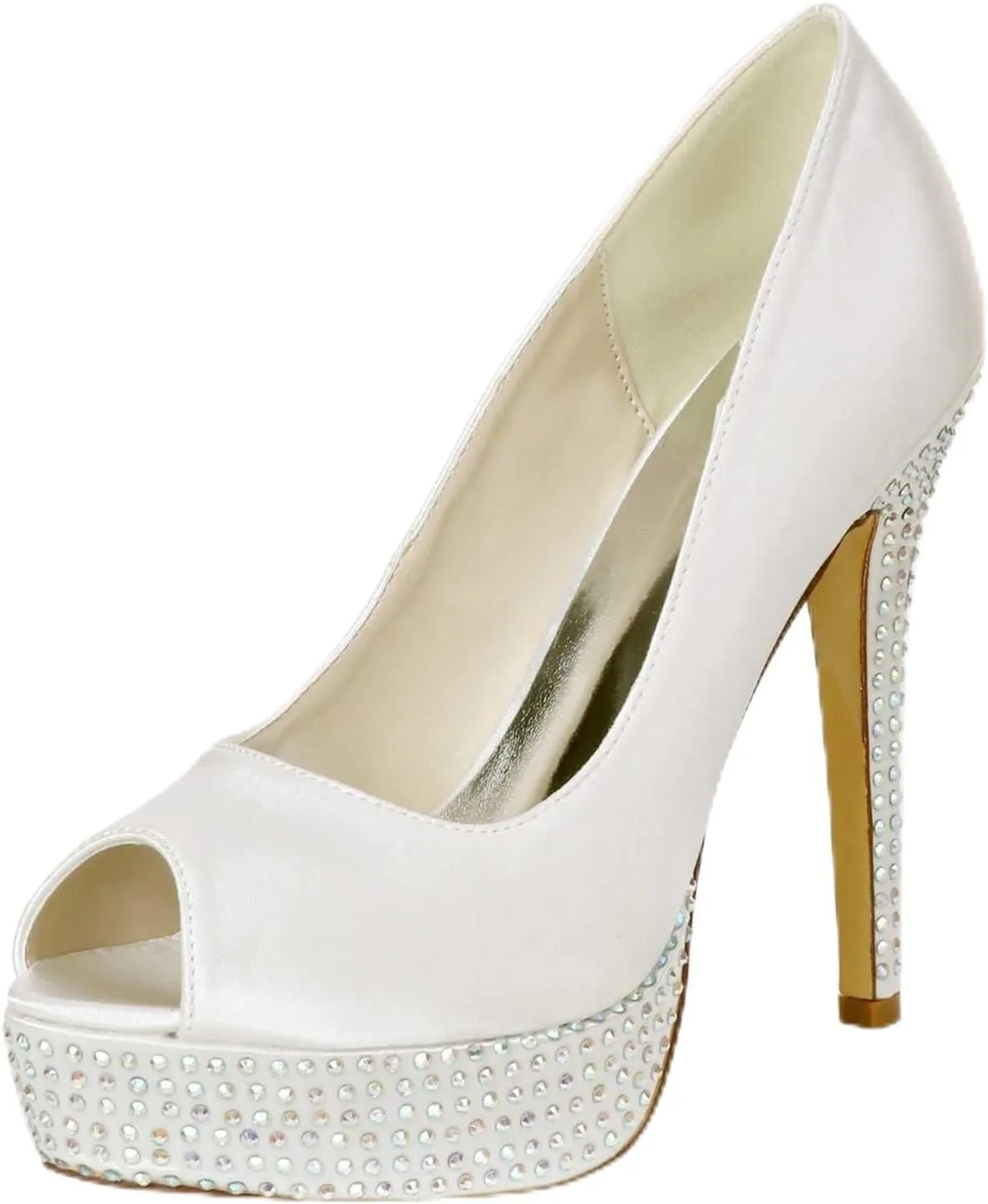 Womens Wedding Shoes Women's Slip-On Satin Kitten Heel Sandals Rhinestone Open-Toe High Heels Perfect for Weddings, Bridal Parties, Evening Events, Proms, & Dance Nights(Ivory,9)