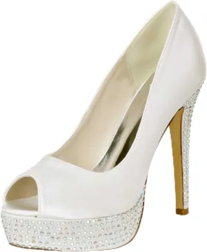 Womens Wedding Shoes Women's Slip-On Satin Kitten Heel Sandals Rhinestone Open-Toe High Heels Perfect for Weddings, Bridal Parties, Evening Events, Proms, & Dance Nights(Ivory,9)