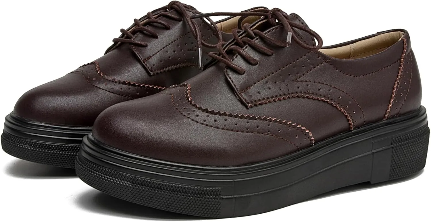 WUIWUIYU Womens Casual Patent Leather Lace-Up British Style Platform Brogues Oxford Saddle Shoes