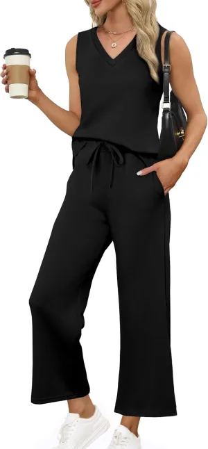 XIEERDUO Two Piece Sets for Women Summer Vacation Travel Outfits V Neck Lounge Matching Sets