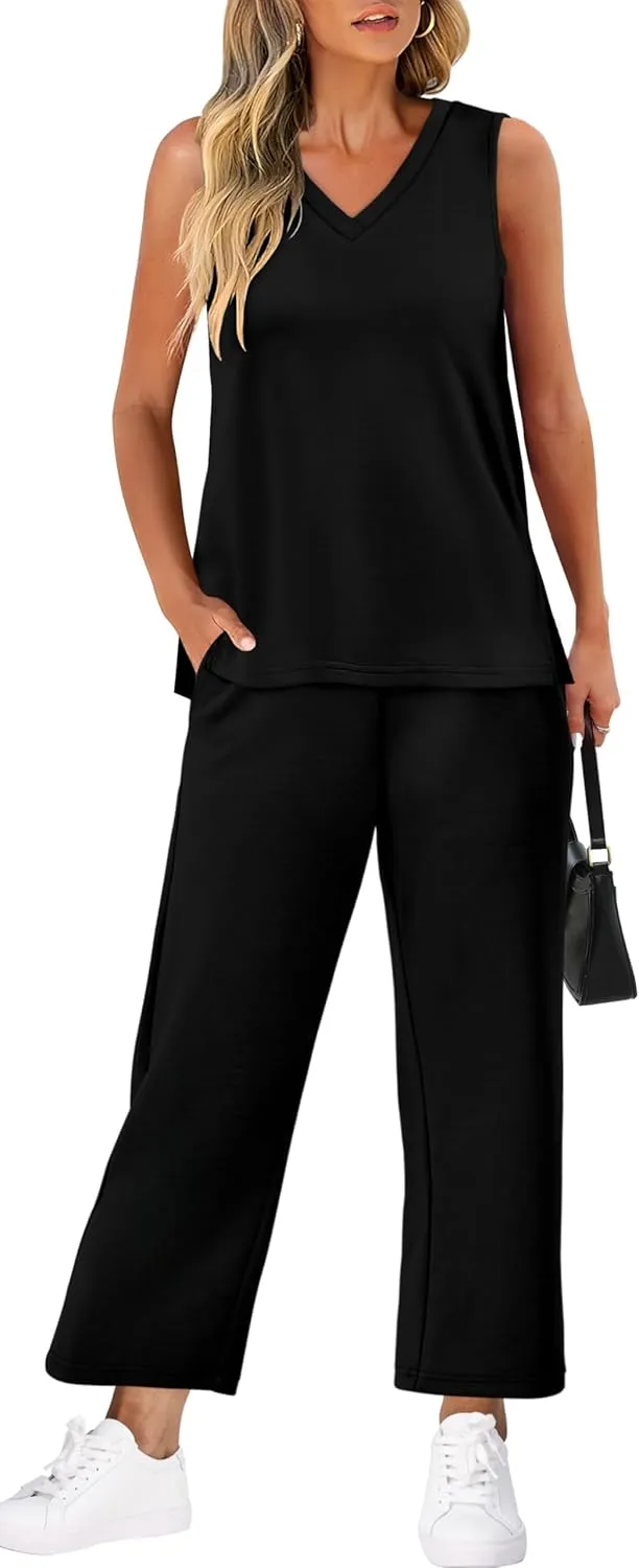 XIEERDUO Two Piece Sets for Women Summer Vacation Travel Outfits V Neck Lounge Matching Sets