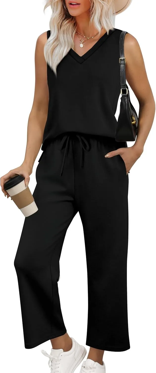 XIEERDUO Two Piece Sets for Women Summer Vacation Travel Outfits V Neck Lounge Matching Sets