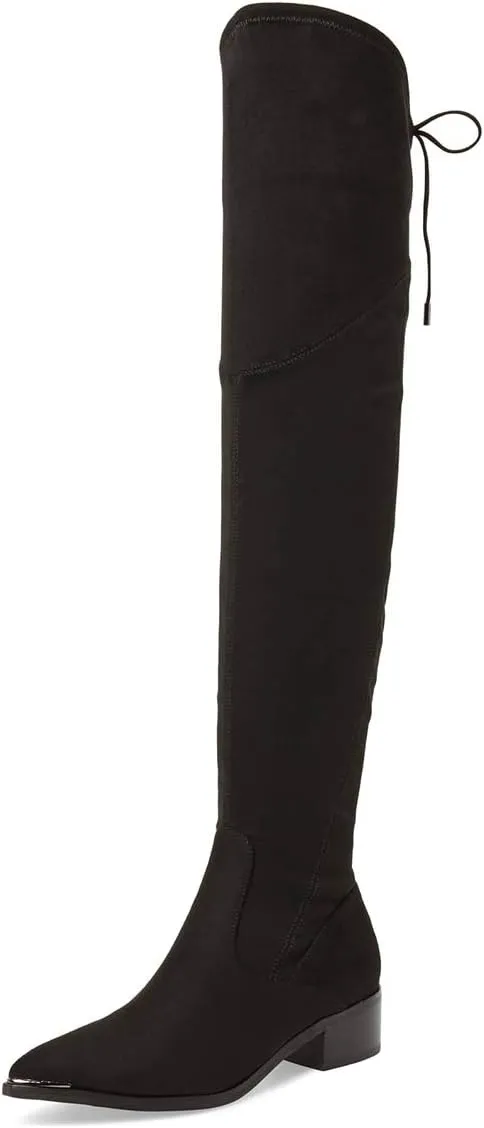 XYD Women Trendy Over The Knee Boots Flats Pointed Closed Toe Thigh High Block Low Heels Tie Back Lace Side Zipper Long Booties