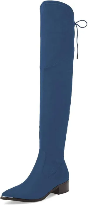 XYD Women Trendy Over The Knee Boots Flats Pointed Closed Toe Thigh High Block Low Heels Tie Back Lace Side Zipper Long Booties