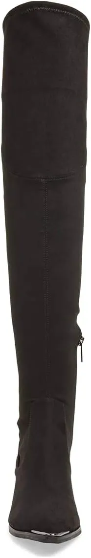 XYD Women Trendy Over The Knee Boots Flats Pointed Closed Toe Thigh High Block Low Heels Tie Back Lace Side Zipper Long Booties