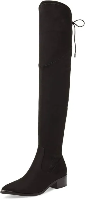 XYD Women Trendy Over The Knee Boots Flats Pointed Closed Toe Thigh High Block Low Heels Tie Back Lace Side Zipper Long Booties