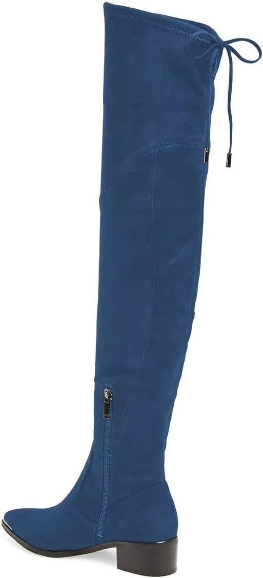XYD Women Trendy Over The Knee Boots Flats Pointed Closed Toe Thigh High Block Low Heels Tie Back Lace Side Zipper Long Booties