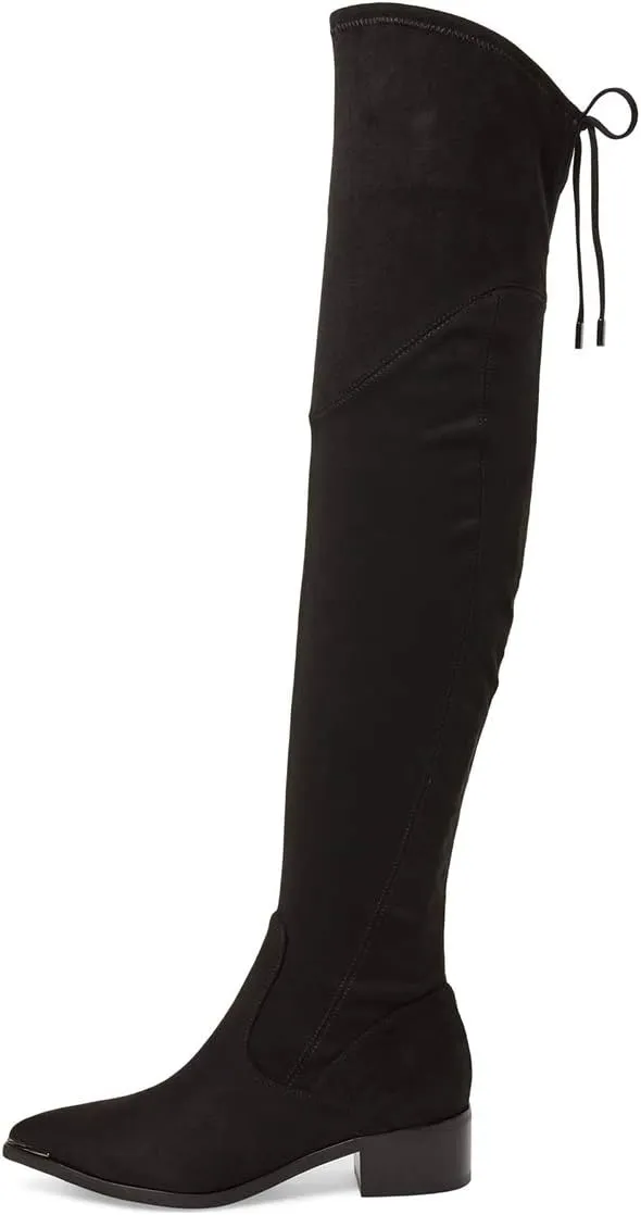 XYD Women Trendy Over The Knee Boots Flats Pointed Closed Toe Thigh High Block Low Heels Tie Back Lace Side Zipper Long Booties