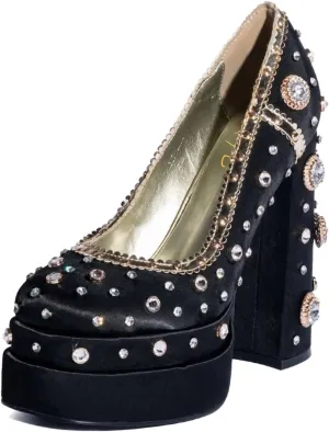 XYD Women's Vintage Bejeweled Diamonds Chunky Block High Heel Double Layered Platform Pumps Slip On Loafers Closed Round Toe Fancy Party Court Shoes