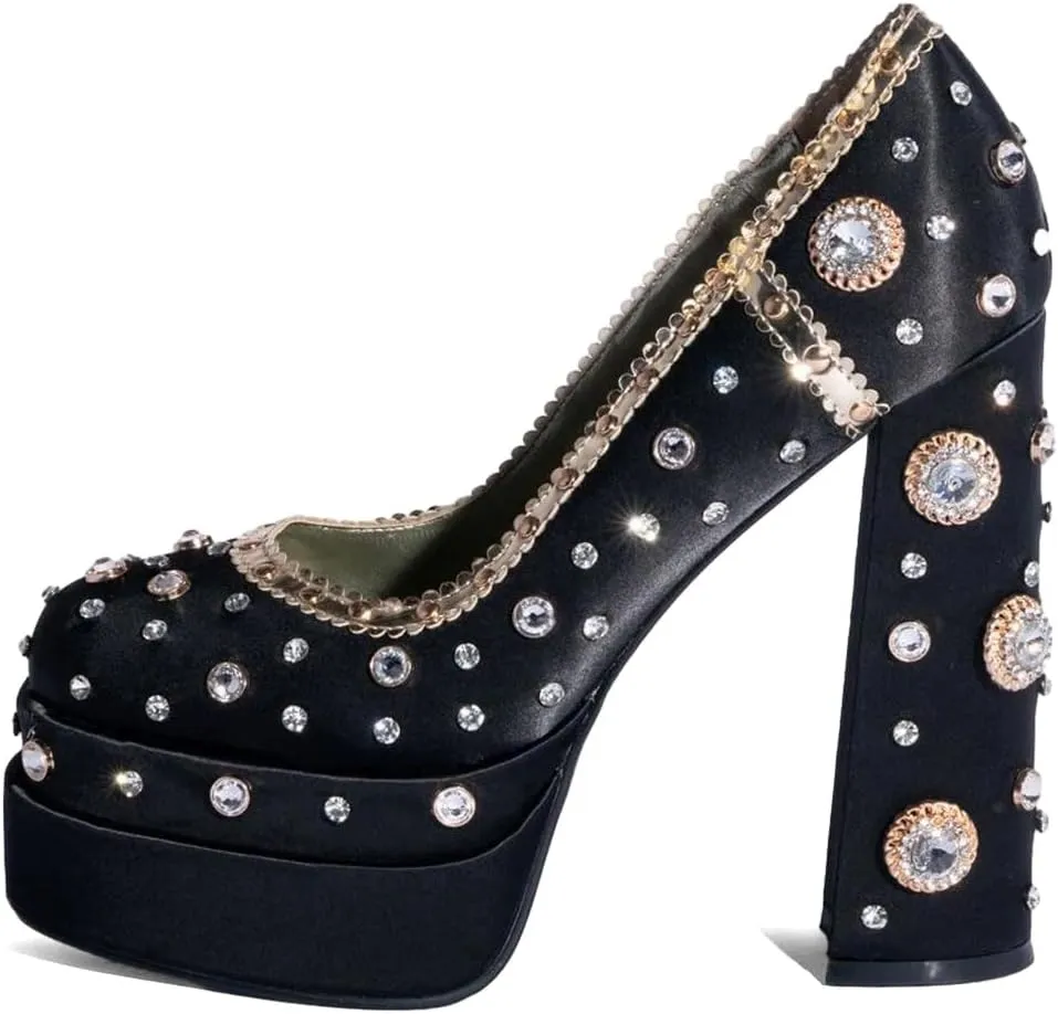 XYD Women's Vintage Bejeweled Diamonds Chunky Block High Heel Double Layered Platform Pumps Slip On Loafers Closed Round Toe Fancy Party Court Shoes
