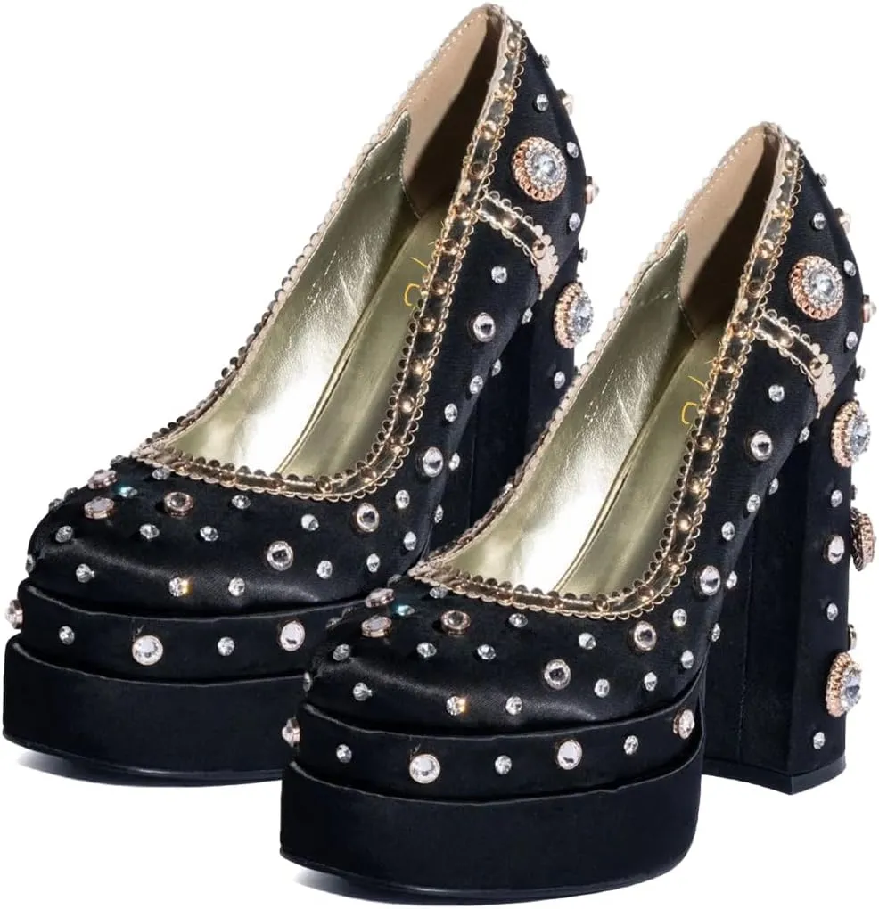 XYD Women's Vintage Bejeweled Diamonds Chunky Block High Heel Double Layered Platform Pumps Slip On Loafers Closed Round Toe Fancy Party Court Shoes
