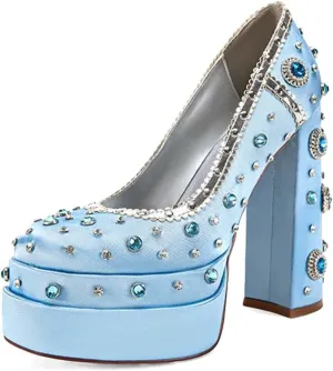 XYD Women's Vintage Bejeweled Diamonds Chunky Block High Heel Double Layered Platform Pumps Slip On Loafers Closed Round Toe Fancy Party Court Shoes