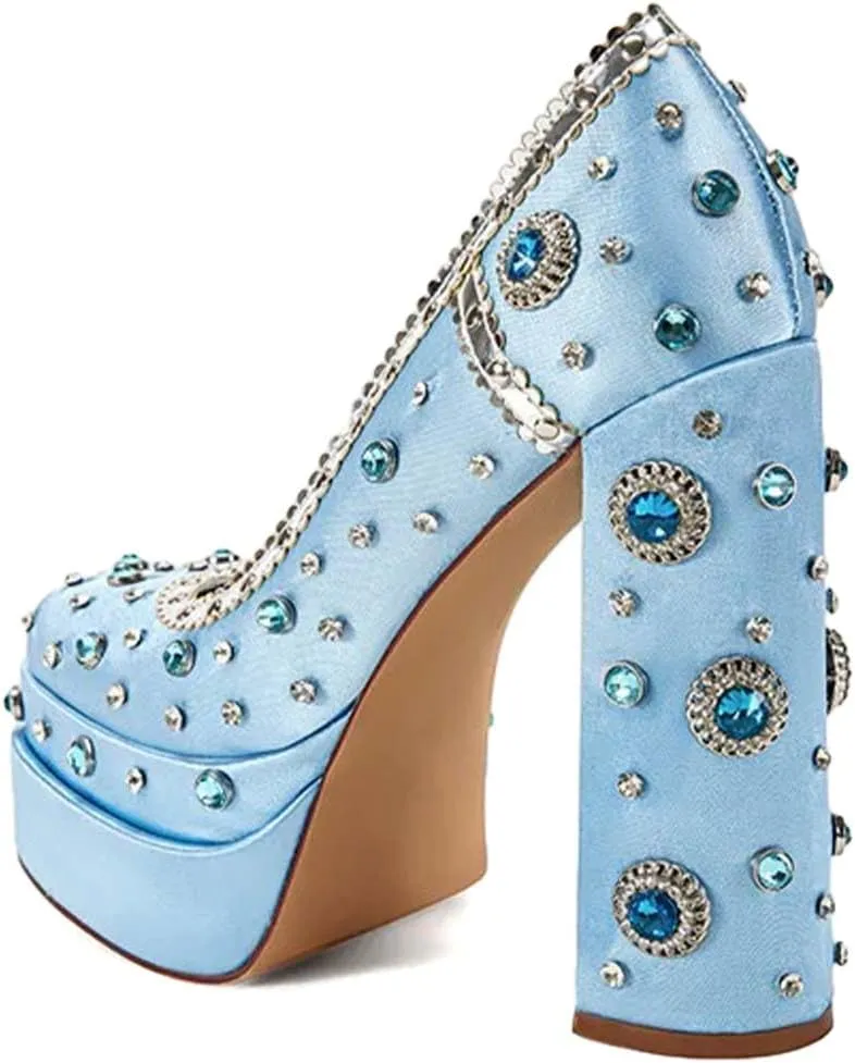XYD Women's Vintage Bejeweled Diamonds Chunky Block High Heel Double Layered Platform Pumps Slip On Loafers Closed Round Toe Fancy Party Court Shoes