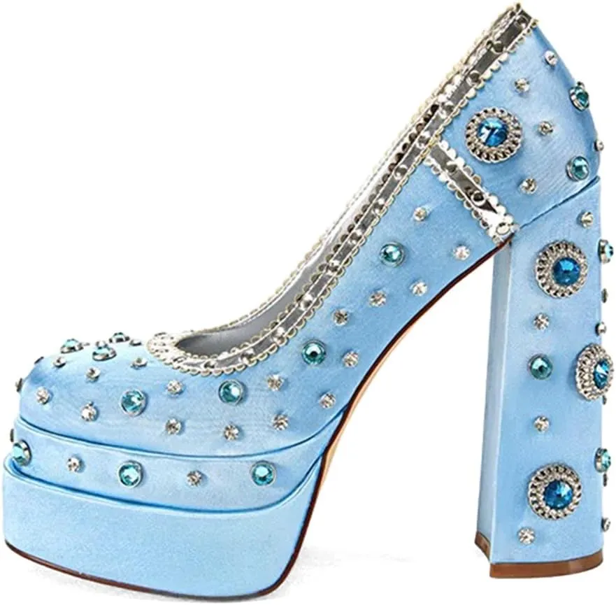 XYD Women's Vintage Bejeweled Diamonds Chunky Block High Heel Double Layered Platform Pumps Slip On Loafers Closed Round Toe Fancy Party Court Shoes