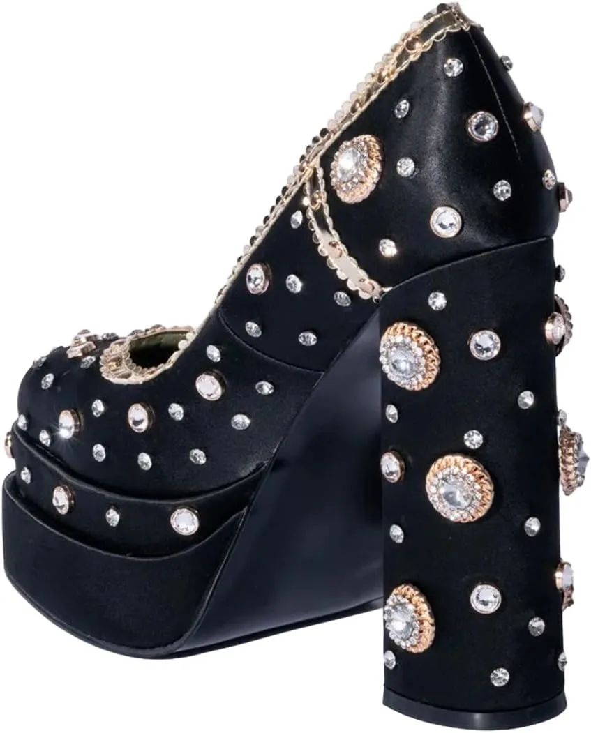 XYD Women's Vintage Bejeweled Diamonds Chunky Block High Heel Double Layered Platform Pumps Slip On Loafers Closed Round Toe Fancy Party Court Shoes
