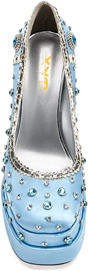 XYD Women's Vintage Bejeweled Diamonds Chunky Block High Heel Double Layered Platform Pumps Slip On Loafers Closed Round Toe Fancy Party Court Shoes