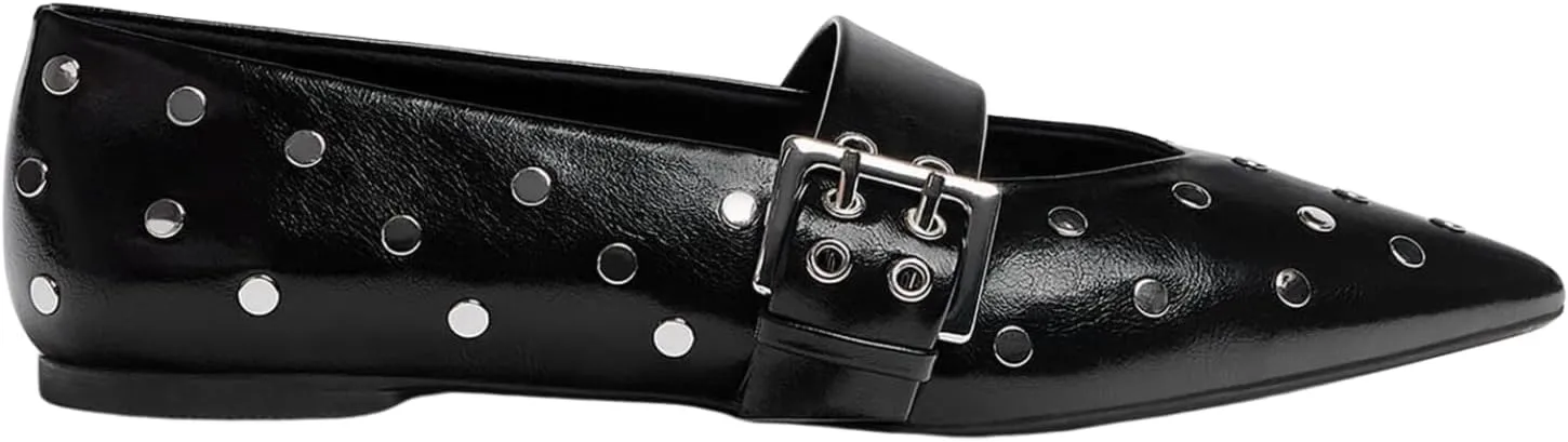 Yishaweiqi Studs Buckle Strap Ballet Flats Shoes for Women Pointed Toe Ballerina Shoes Mary Jane Flats Comfortable Casual Drive Shoes