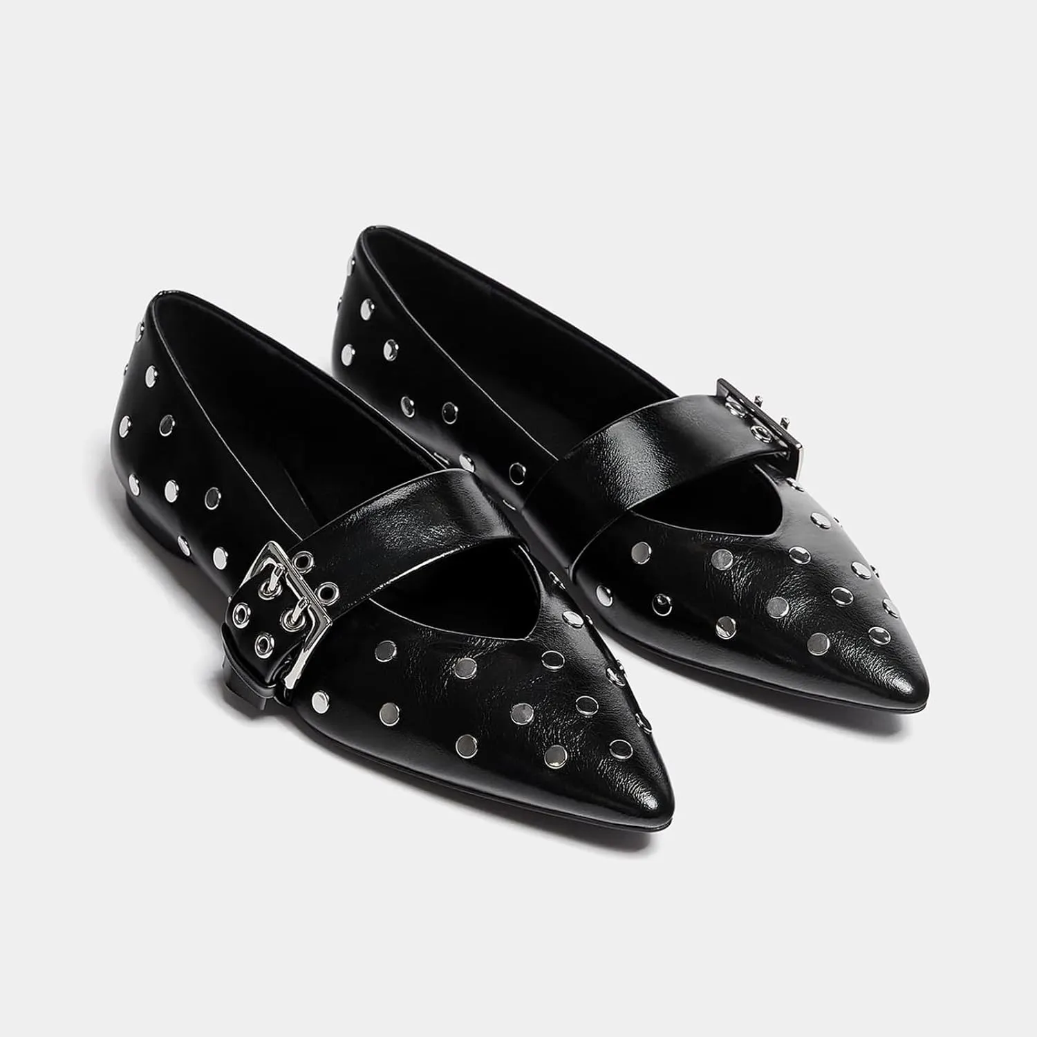 Yishaweiqi Studs Buckle Strap Ballet Flats Shoes for Women Pointed Toe Ballerina Shoes Mary Jane Flats Comfortable Casual Drive Shoes