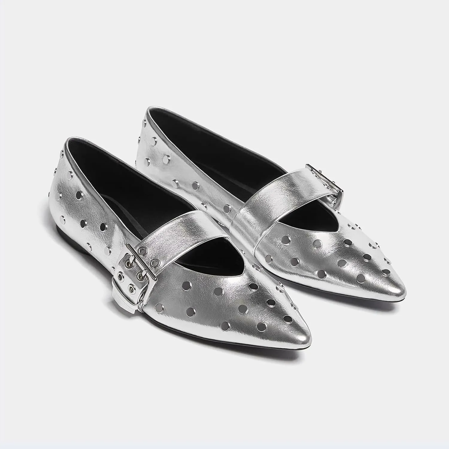 Yishaweiqi Studs Buckle Strap Ballet Flats Shoes for Women Pointed Toe Ballerina Shoes Mary Jane Flats Comfortable Casual Drive Shoes