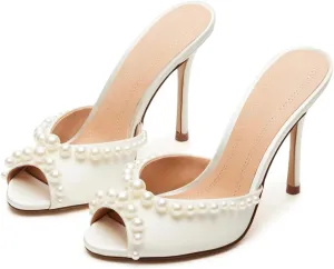 Yishaweiqi Women's Mesh Heeled Sandals Peep Toe Mules Slip on Stiletto High Heels Dress Sexy Slide Sandals
