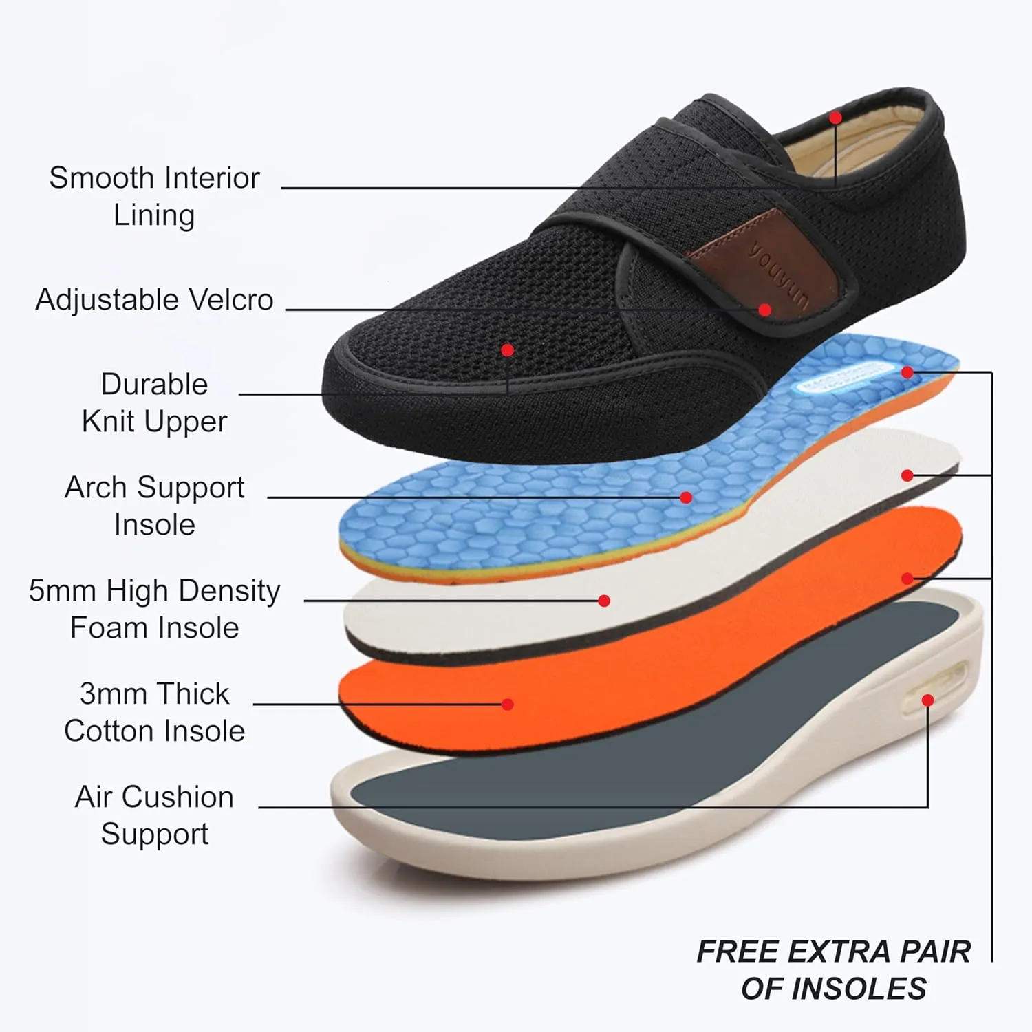 youyun Diabetic Shoes for Men Wide Width Elderly Men's Diabetic Shoes Adjustable Closure Breathable Lightweight Non Slip Air Cushion Sneakers for Swollen Feet Edema