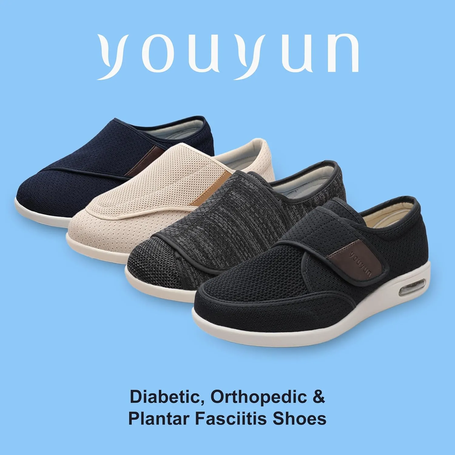 youyun Diabetic Shoes for Men Wide Width Elderly Men's Diabetic Shoes Adjustable Closure Breathable Lightweight Non Slip Air Cushion Sneakers for Swollen Feet Edema
