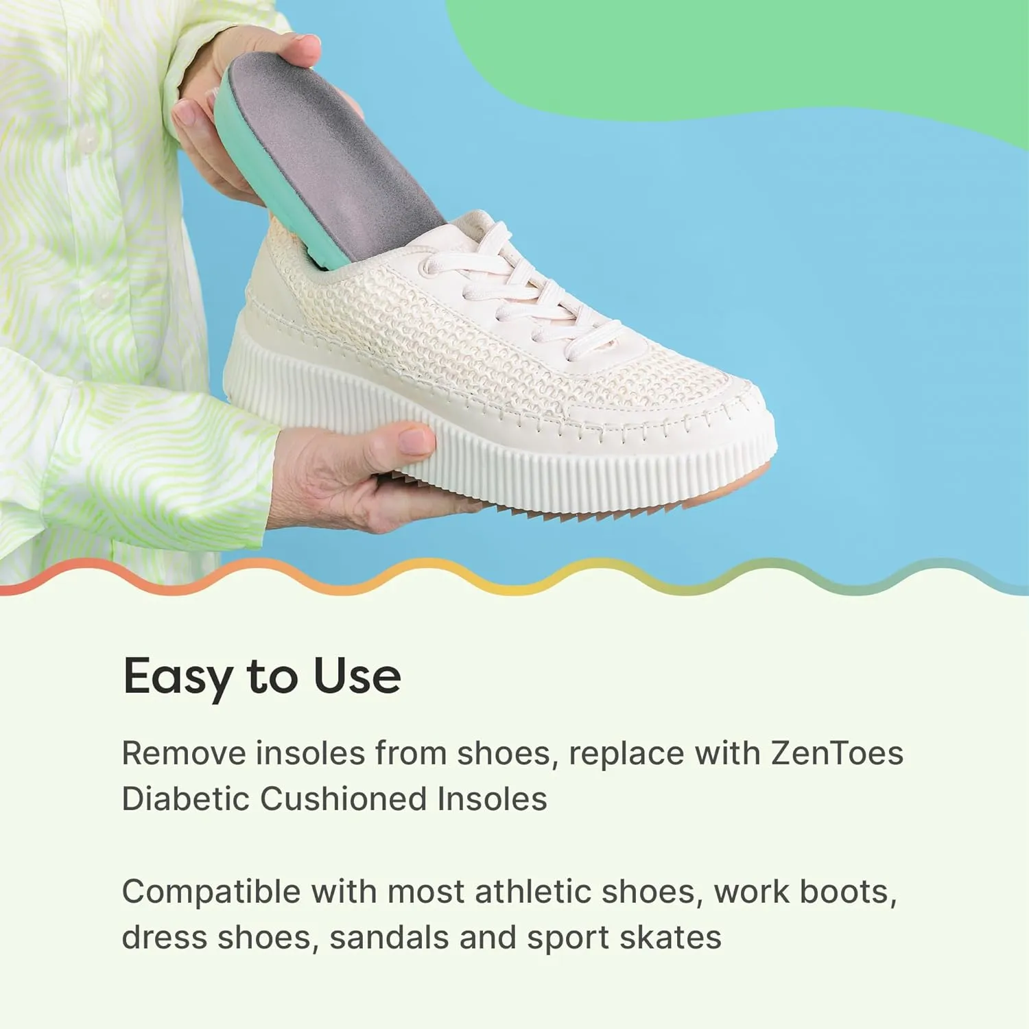 ZenToes Diabetic Cushioned Insoles for Men and Women, Shock Absorbing Plastazote Foam Pads for Plantar Fasciitis, Metatarsalgia, Morton's Neuroma Relief - 1 Pair (M8/W9.5)