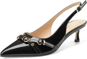 Z.Oufeier Women's Slingback Low Kitten Heels Closed Pointed Toe Buckle Straps Heeled Sandals Sexy Leather Dressy Shoes Pumps