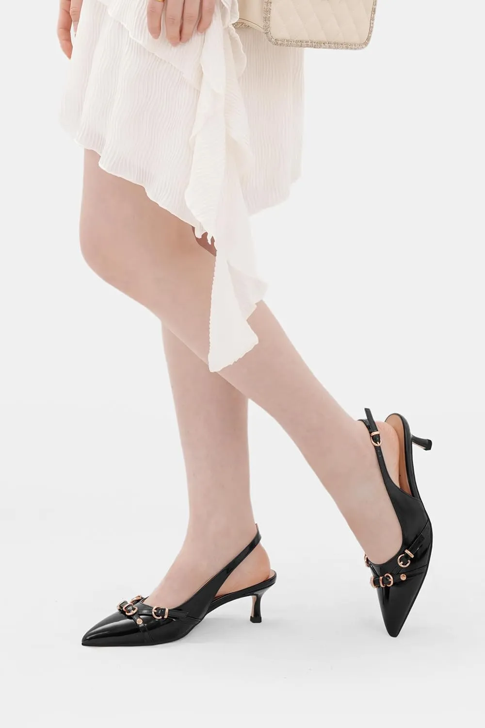 Z.Oufeier Women's Slingback Low Kitten Heels Closed Pointed Toe Buckle Straps Heeled Sandals Sexy Leather Dressy Shoes Pumps