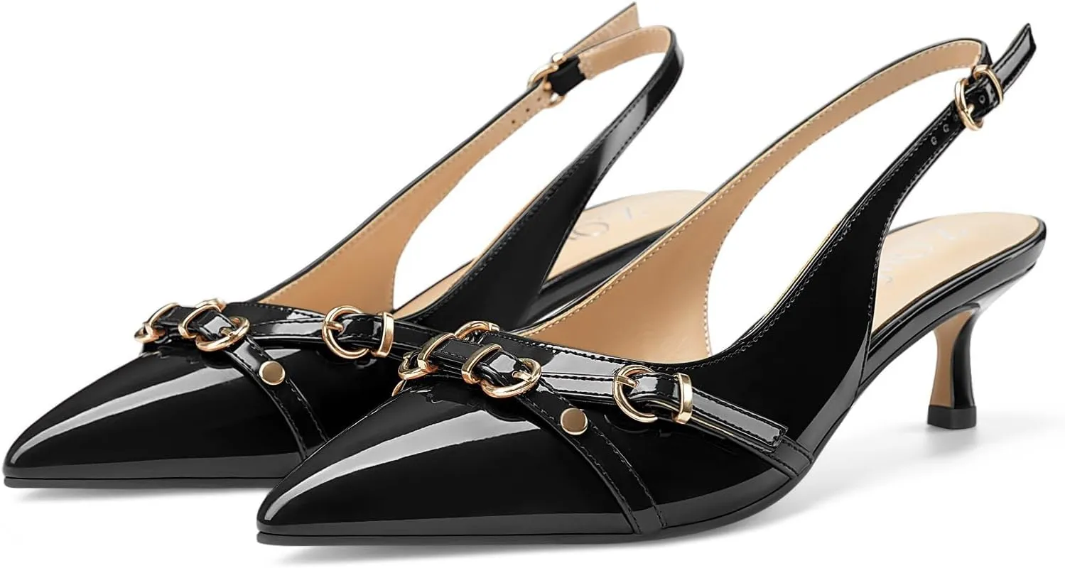 Z.Oufeier Women's Slingback Low Kitten Heels Closed Pointed Toe Buckle Straps Heeled Sandals Sexy Leather Dressy Shoes Pumps